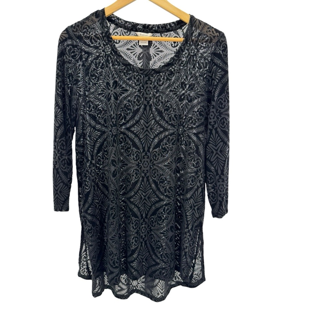 Ariat Black Burnout Velvet Sheer Tunic Top Women's M Boho Western Long Sleeve